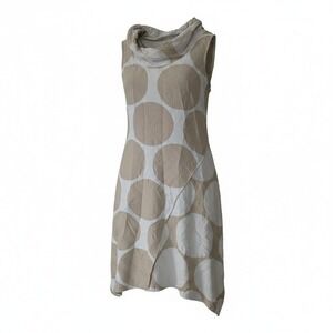SpiritHouse Crinkle Cowlneck Polka-dot Dress Size XS Lagenlook White Tan Pockets
